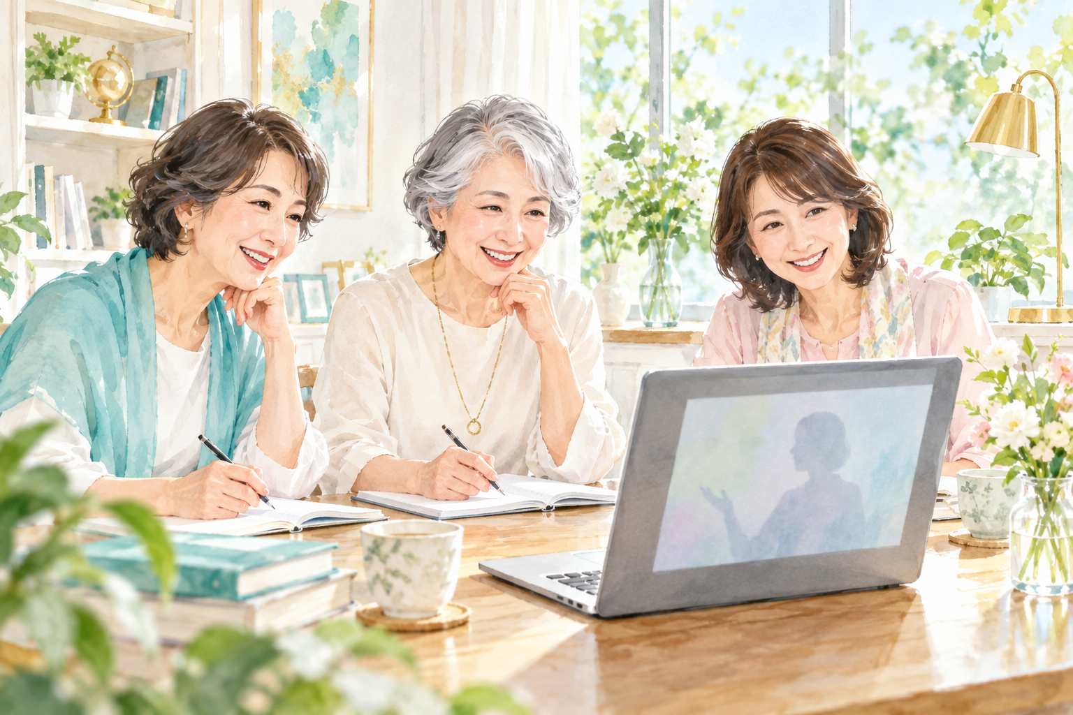 オンラインで認知脳活性アドバイザー講座を楽しく受講する女性たちのイラスト