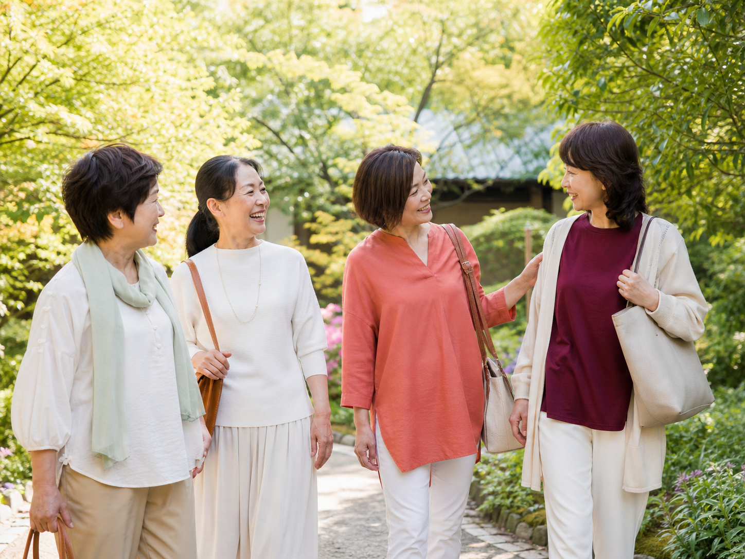 緑の中で語り合い健康の輪をつなぐ女性たち