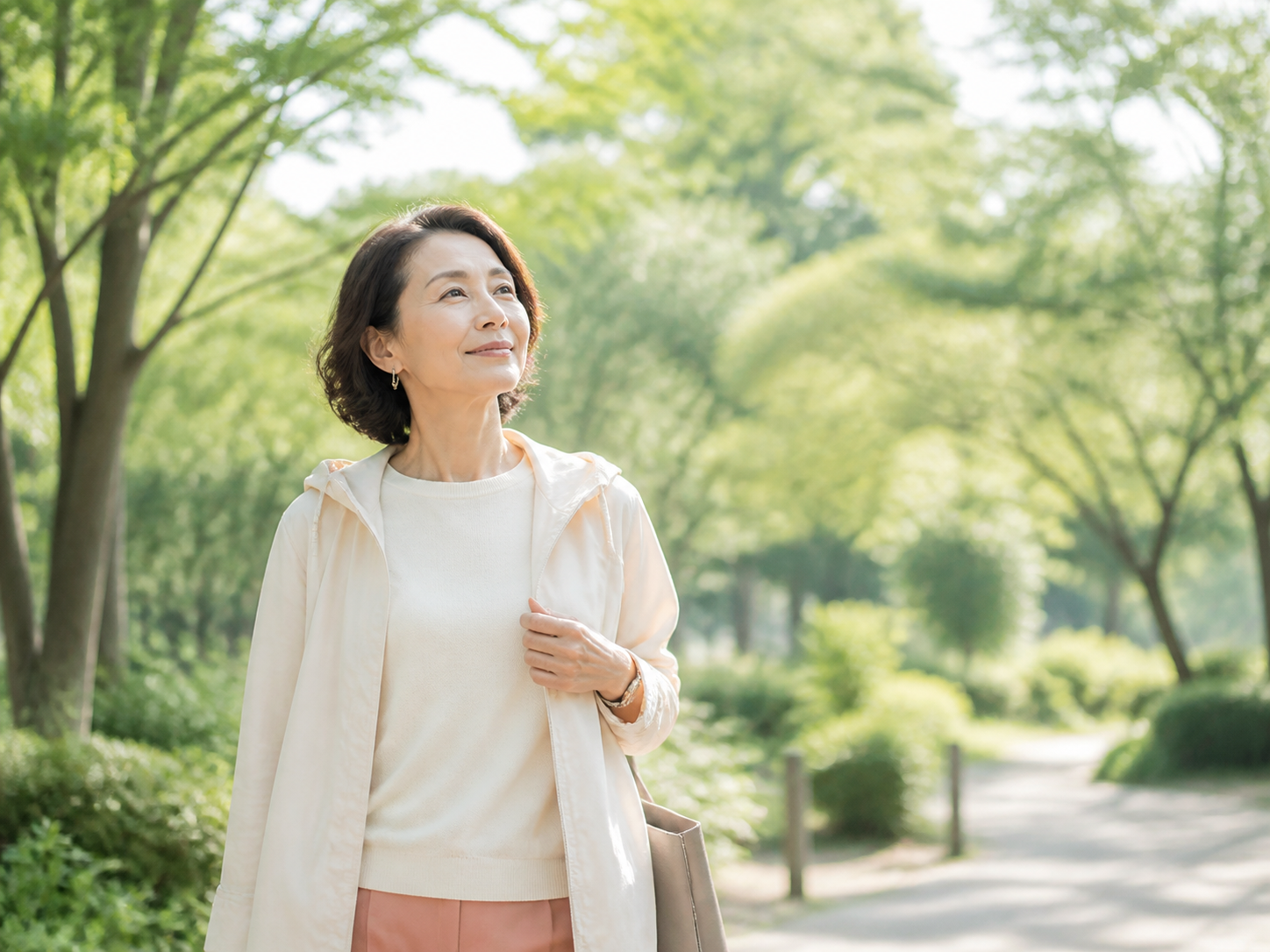 緑の中を歩きながら元気な今の健康に目を向ける女性